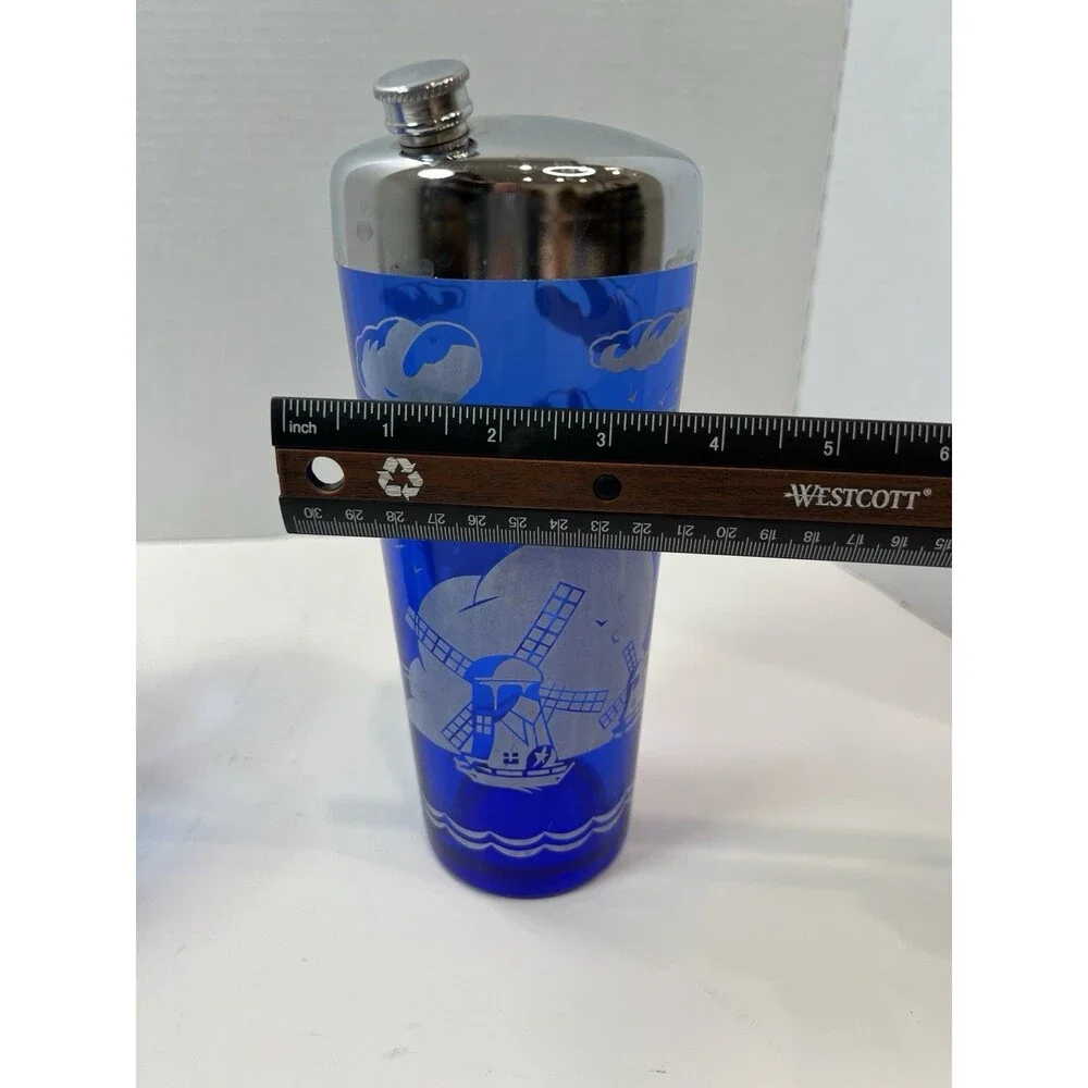 Vintage Hazel Atlas Cobalt Blue Windmill Cocktail Shaker ice bucket 4 glasses